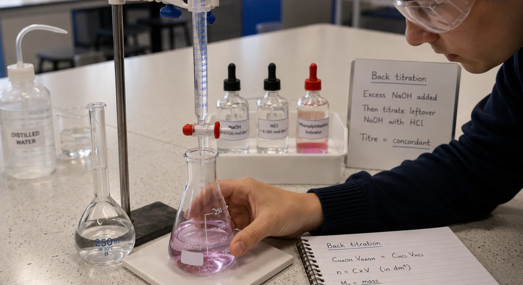 A student carrying out a titration in a school chemistry laboratory