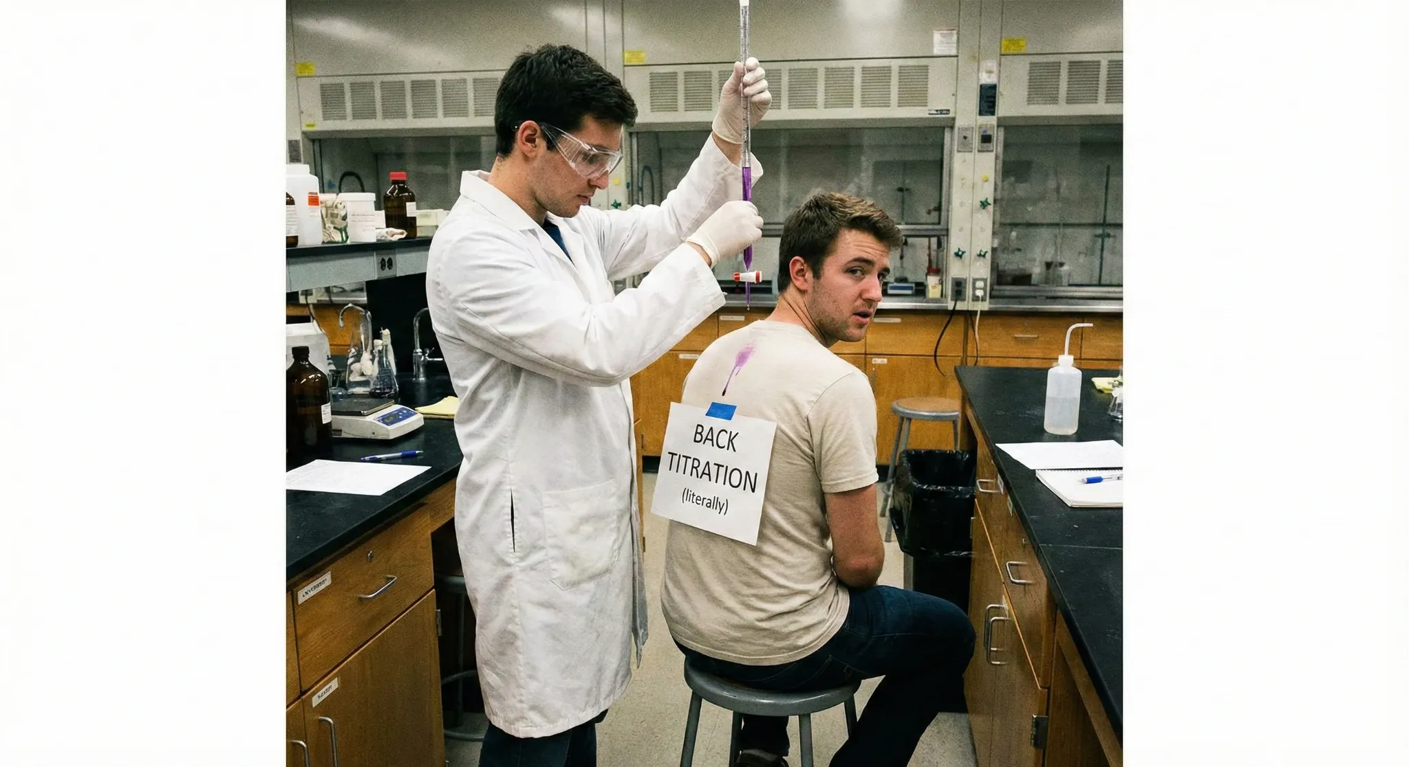 A chemistry laboratory scene illustrating a back titration, with a burette positioned behind a flask